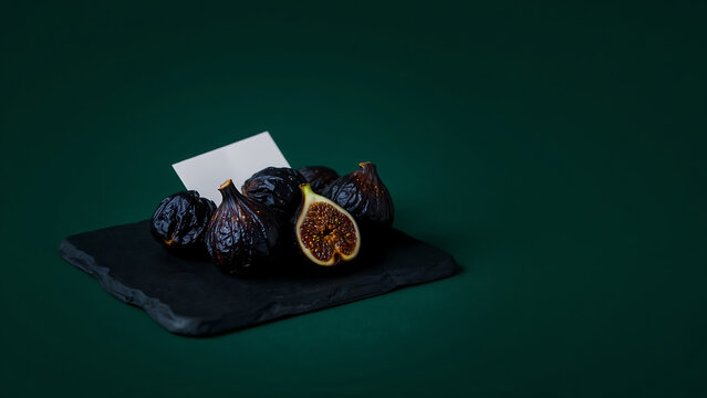 Black dried figs rest on a matte black slate plate. No packaging, no recipe cards, no hands. Dark green background, one soft spotlight. No text, no watermarks, just pure texture.