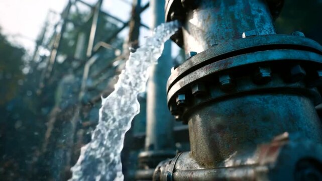 Water flowing from a rusted industrial pipe outdoors