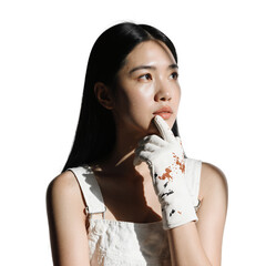 Naklejka premium Asian woman painter thinking and looking up while wearing white overalls and painted glove on a transparent background