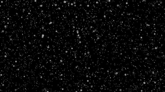 Magical white snow falling through a pitch black void with dreamy glowing particles and cinematic shadows.
