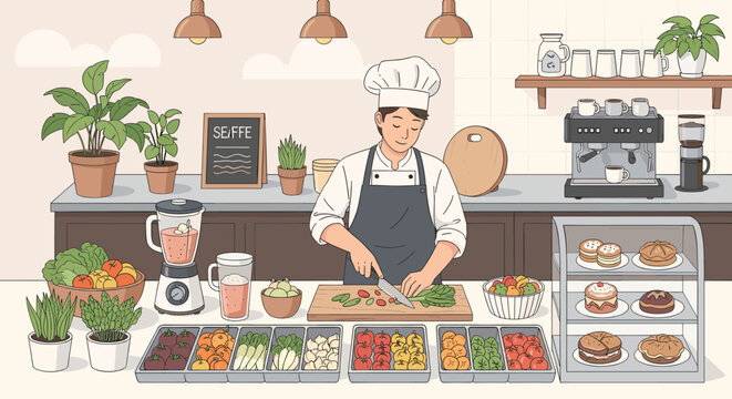 A chef prepares fresh ingredients in a bright, modern kitchen, surrounded by a variety of colorful vegetables and fruits, with a coffee machine and display cases of pastries in the background.