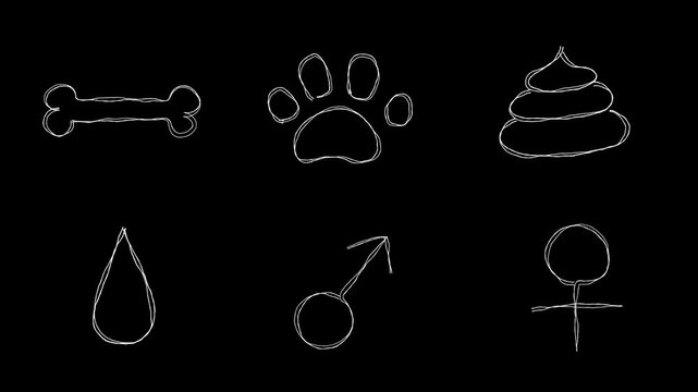 ペットがモチーフの落書き線画イラスト。線が動く手描きのアイコン動画。ループする4Kアニメーション。飼い犬や飼い猫のお世話に関するマークの詰め合わせ。編集しやすい黒背景のオーバーレイ素材