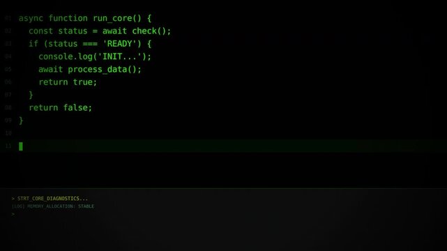 A dark computer screen displaying green code and programming syntax, with a black background and a cursor at the beginning of the prompt