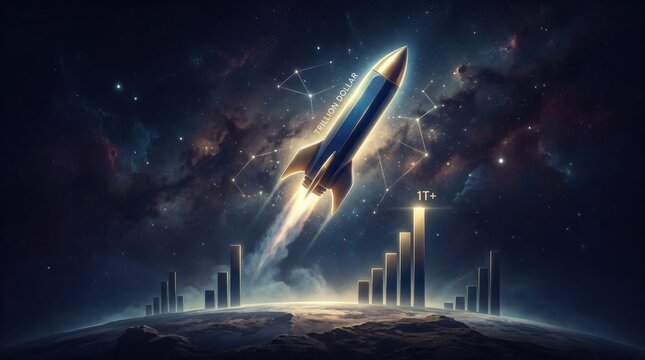 Cosmic Ascent: A sleek rocket blasts off from a cityscape of glowing bar charts, ascending into a nebula-filled cosmos, symbolizing exponential growth and innovation.