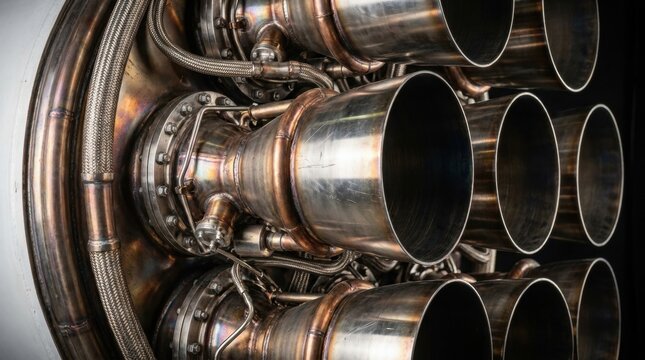 Rocket Engine Nozzle Detail: A close-up, detailed view of a powerful rocket engine, showcasing its intricate metal components, nozzles, and combustion chamber.