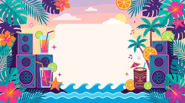 Summer tiki beach party vector banner background with center blank frame sound speakers cocktails and palm trees