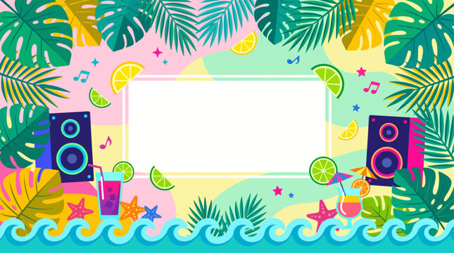 Tropical summer music party vector banner background with center blank frame sound speakers and colorful leaves