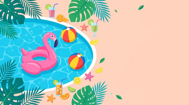 Summer pool party vector banner background with top view swimming pool flamingo float cocktails and copyspace