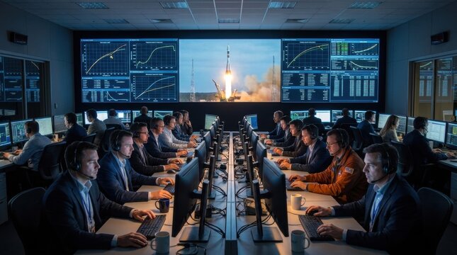 Mission Control: A high-tech mission control room buzzes with activity as teams monitor a rocket launch on a massive screen, displaying critical data and analytics across multiple workstations.