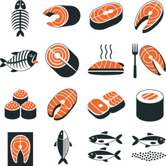 Collection of stylized salmon steaks sushi fish skeleton and whole fish © MSTHUSNEWARA