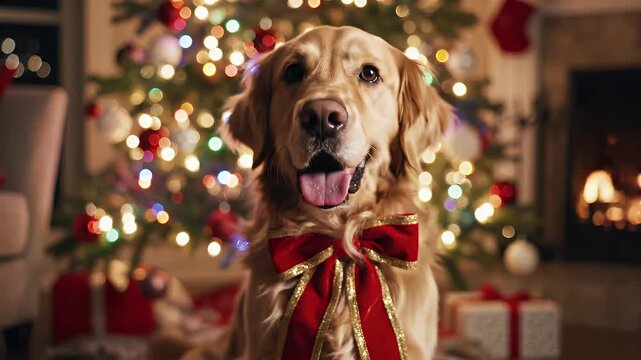 Highlighting a festive scene with a friendly dog wearing a red bow in a cozy holiday setting