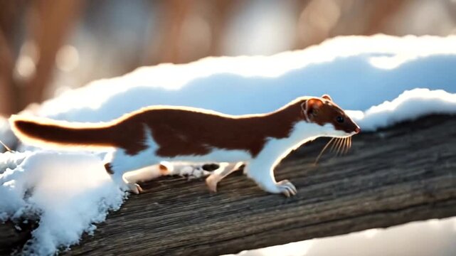 Weasel Walking on Snowy Log in Winter Landscape