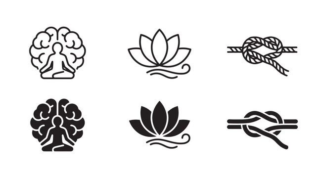Meditation mindfulness inner strength icons set with well being meditation mindfulness wellness strength