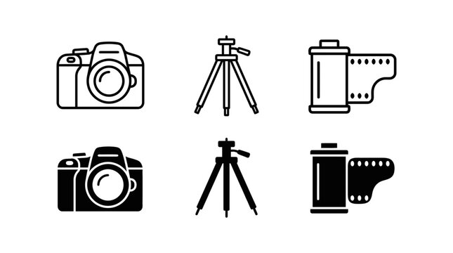 Photography equipment icons set with camera tripod film roll in outline and solid styles photography
