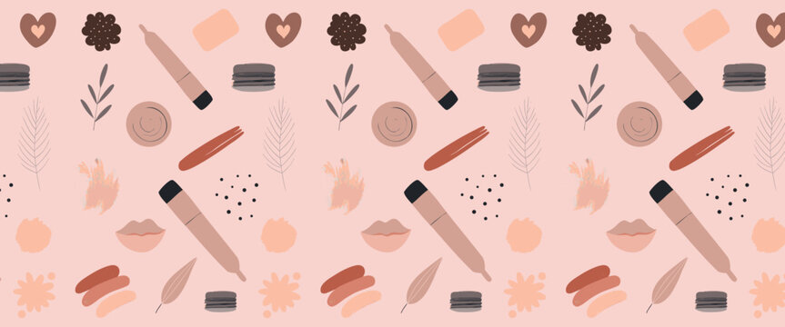 Seamless makeup pattern with lip gloss and brushes