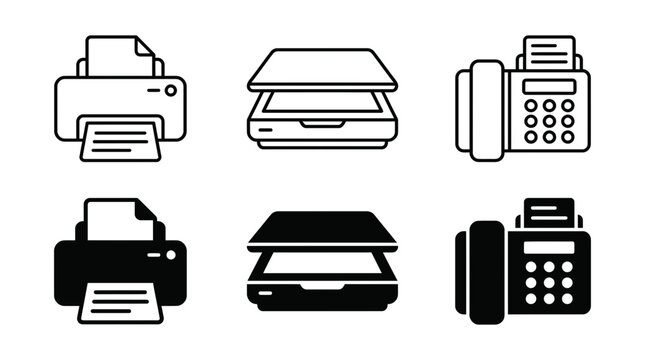 Printer scanner fax machine icons set in outline and solid styles for office equipment and document management