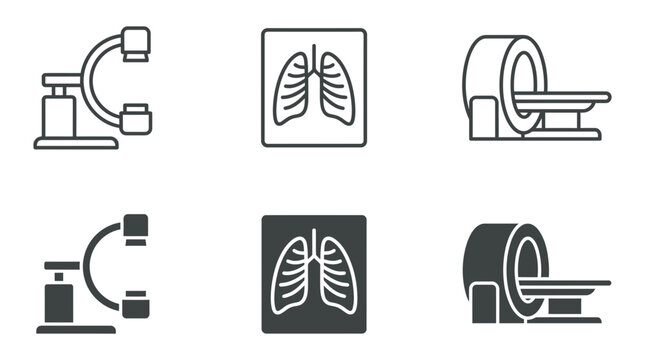 Medical imaging equipment icons set with c-arm, lung x-ray, and mri machine in outline and solid styles