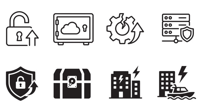 Data security cloud storage server protection disaster management icon set with security protection disaster