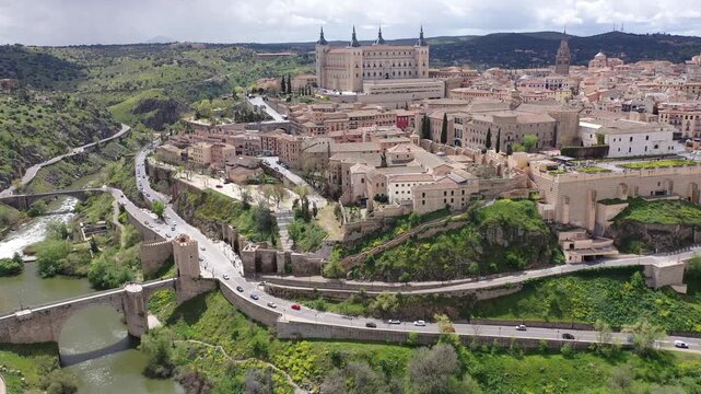 View from drone of old houses of Toledo city, capital of province of Toledo in central Spain