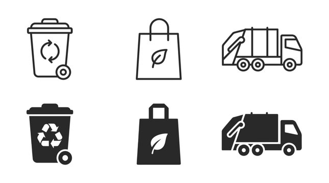 Waste management recycling eco-friendly bag icons with recycling friendly environment sustainable disposal