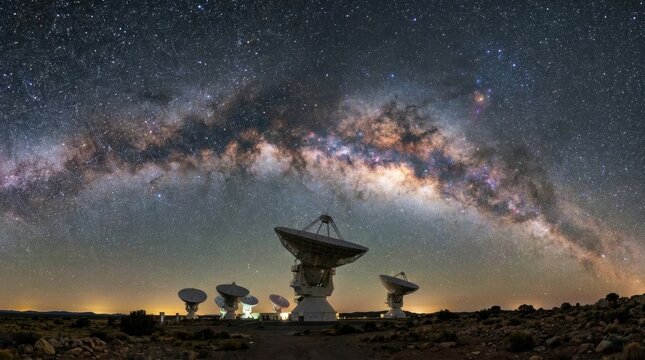 Celestial Symphony: A panoramic view showcases an array of radio telescopes beneath the breathtaking sweep of the Milky Way, a testament to humanity's quest for cosmic understanding.