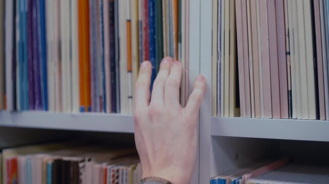 Unrecognizable person's hand sliding along a row of books on a shelf, searching for information in a library