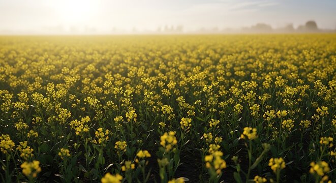A sprawling agricultural field of golden Camelina sativa flowers blooming under the warm glow of a soft, hazy morning sun in a vibrant rural landscape.