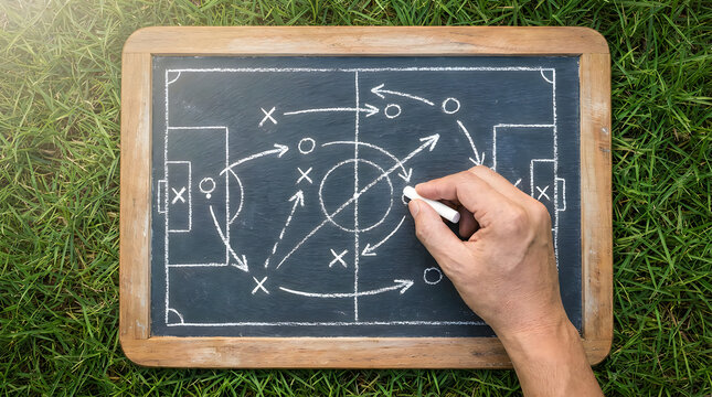 A hand draws a strategic soccer play on a chalkboard, illustrating offensive and defensive tactics with arrows and player positions, set on green grass background.