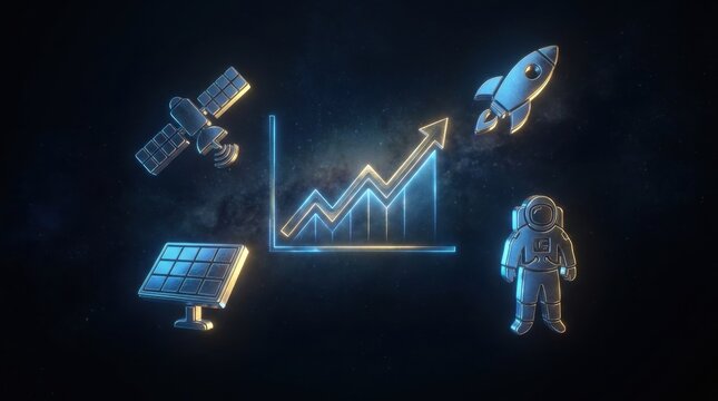 Space Exploration and Growth Concept: An astronaut, a rocket, a satellite, and a solar panel surround a glowing upward trending graph, symbolizing advancement in space technology and discovery.