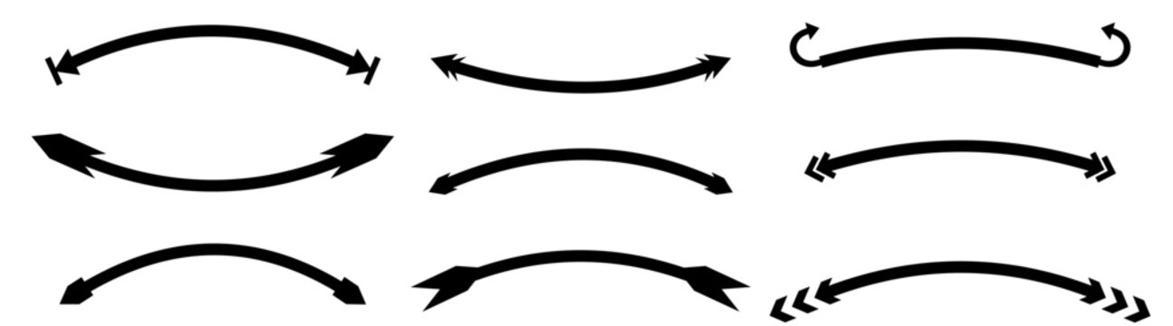 Curved double ended arrow set semicircular direction rotation symbols vector collection.