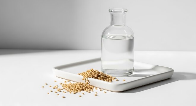 A clear glass bottle filled with liquid oil placed on a white tray next to a heap of raw camelina sativa seeds against a clean bright studio background