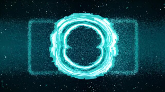 Digital number eight with glowing cyan line art dark background, music technology virus hack concept with futuristic energy, digital abstract frame with data particles and cyber security