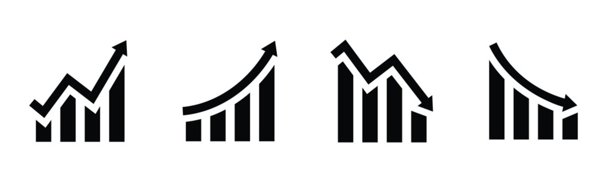 Growing and declining graphic chart icon set of 4, design element suitable for websites, print design or app