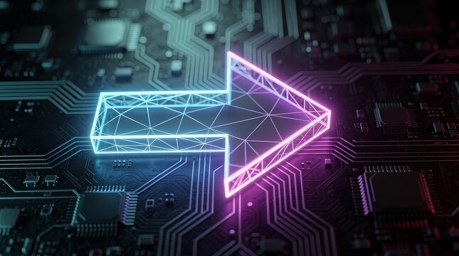 A glowing, futuristic arrow made of neon lines points right on a dark, complex circuit board background symbolizing digital direction and technology.