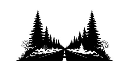 Obraz premium Black and white silhouette of a road through a pine forest