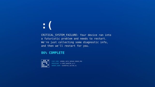 Blue screen of death error with sad face and message indicating system failure, memory dump, and restart prompt on a computer monitor