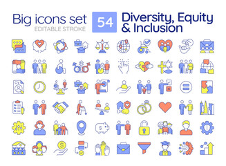 Fototapeta na wymiar Diversity, equity and inclusion line color icons set. Social community empowering. Equal opportunities. Vector illustrations. Simple flat colorful symbols collection. Editable stroke
