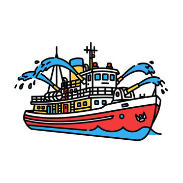Cartoon illustration of a fireboat with water jets on white background