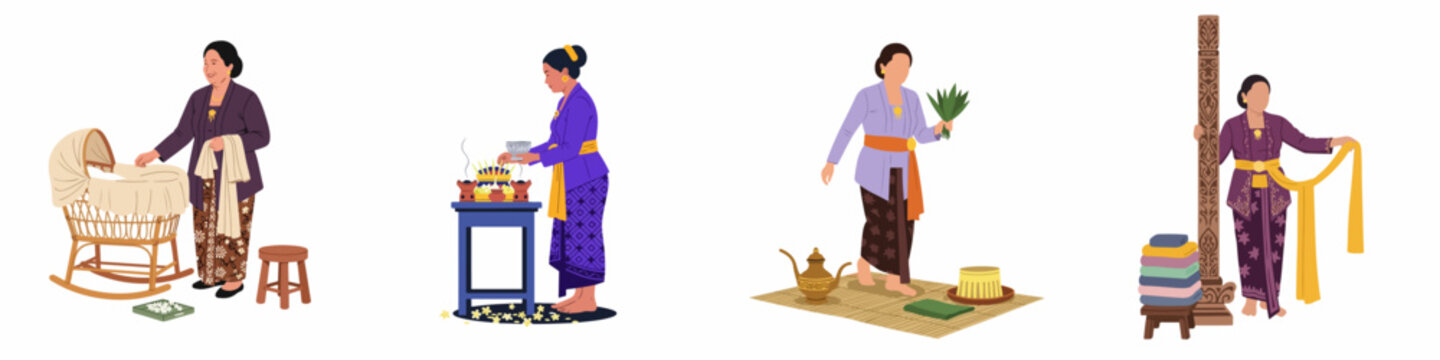 Set of Indonesian women in traditional kebaya performing cultural rituals, daily activities, and ceremonial preparations, isolated on a white background.