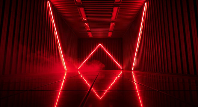 A dark room with red neon lights and a triangle shaped light on the wall