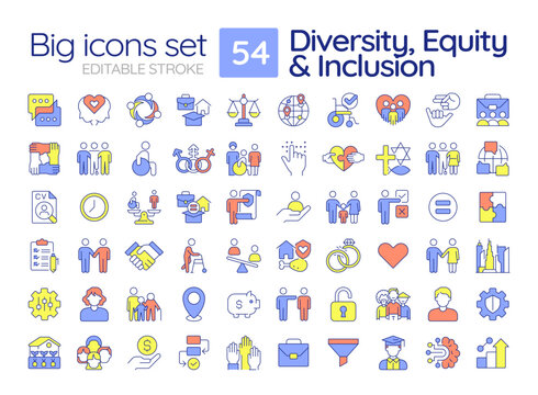 Diversity, equity and inclusion line color icons set. Social community empowering. Equal opportunities. Vector illustrations. Simple flat colorful symbols collection. Editable stroke