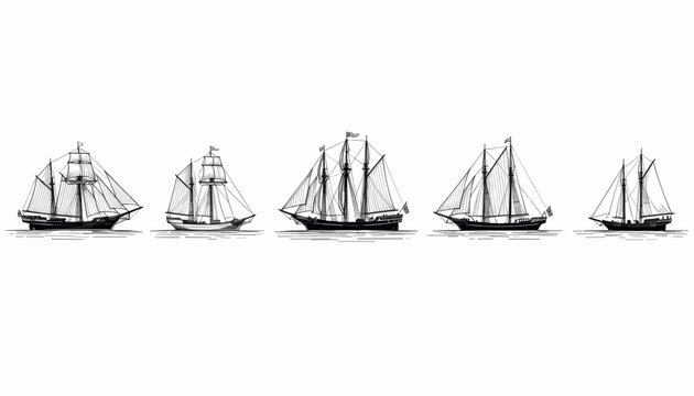 Vintage Sailing Ships Silhouettes on Open Water Scene Illustration