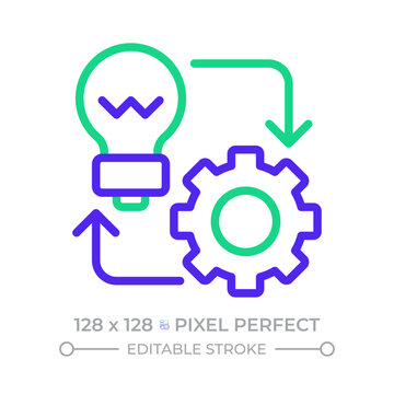 Implementation pixel perfect two color line icon. From idea to realization. Lightbulb connected to gear bicolor outline symbol. Duotone linear pictogram. Isolated illustration. Editable stroke