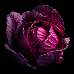 Obraz premium Closeup of purple red cabbage isolated on black background clipping path. Concept of fresh vegetables and healthy eating