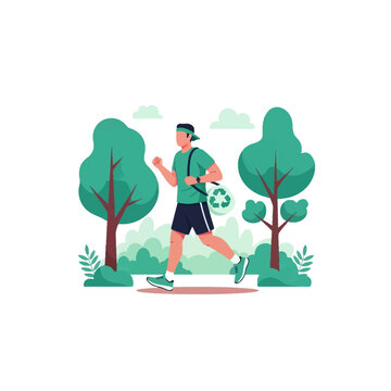 Flat vector illustration of a man plogging in a park, jogging while carrying a recycling bag with the universal symbol, surrounded by stylized green trees and bushes on a white background.