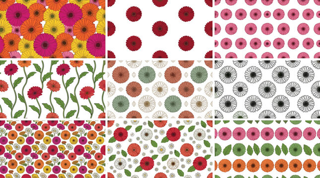 Gerbera Daisy Seamless Pattern Collection with Colorful Floral Backgrounds, Botanical Textile Prints, and Decorative Spring Flower Vector Designs