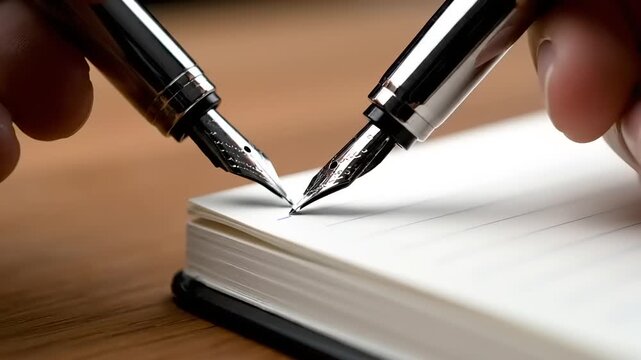Close-up of two fountain pens writing on a blank notebook page.