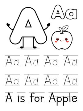 Letter A Tracing Worksheet with Apple for Preschool Alphabet Learning