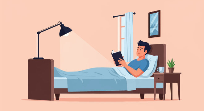 Flat vector illustration of a man lying in bed and reading a book under the bright beam of a desk lamp in a minimalist bedroom with a nightstand, plant, mug, and window.