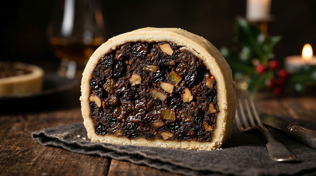 Scottish Black Bun &ndash; Close-Up of Traditional Hogmanay Fruit Cake in Pastry Shell